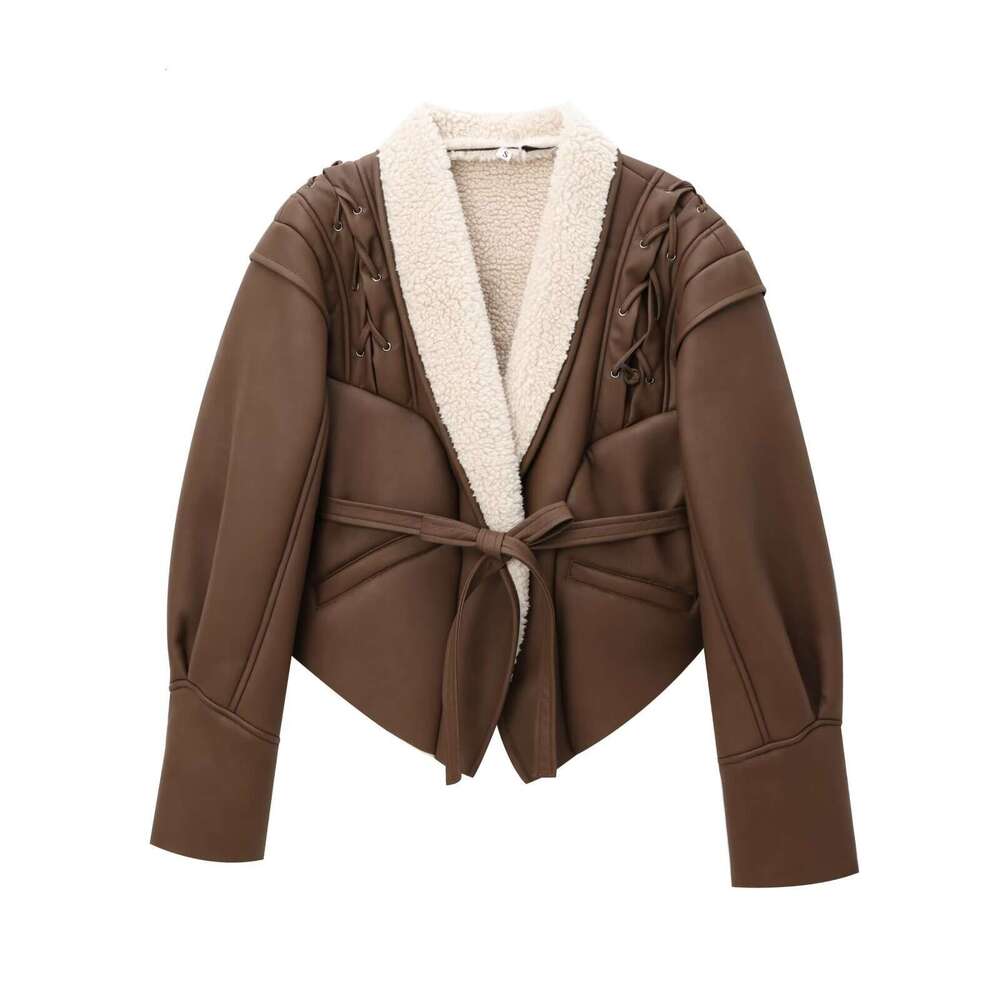 European and American style new women's clothing fashion retro suede leather jacket lace-up coat with belt short top