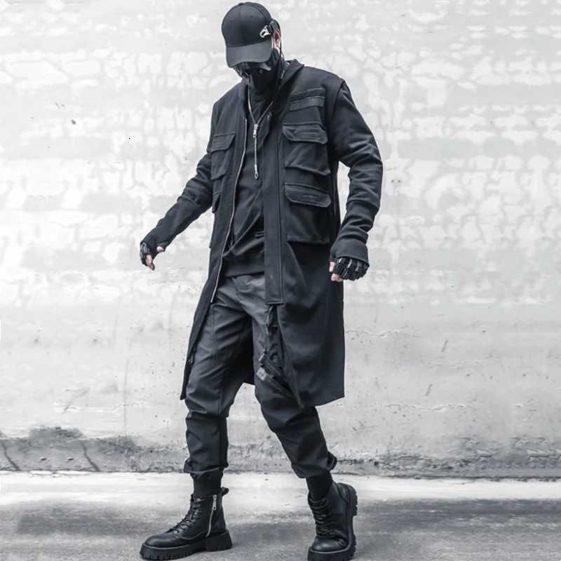 techwear style multi-pocket patchwork design mid-length trench coat mens clothing y2k high street tactical function jackets W250815