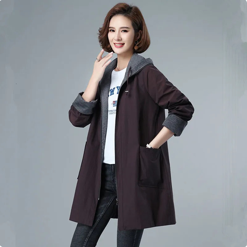UHYTGF Coat Hooded Zipper Oversized Raincoat Jacket Female Korean Trench Casual Spring Windbreaker Ladies 7XL 2696 250805