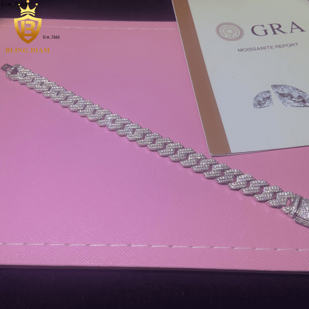 New Design Fashion 925 Silver Cuban Chain Moissanite Cuban Bracelet Men Women Hip Hop Style Pass Diamond Tester GRA Certificate