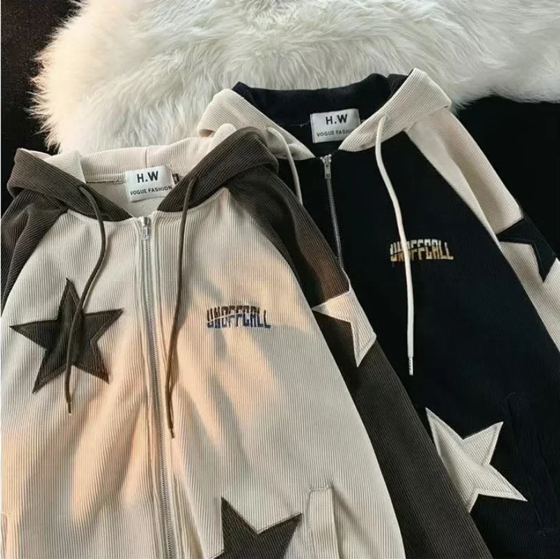 Harajuku Vintage Corduroy Zipper Hoodie Cardigan Women Street Hip Hop Fashion Joker Sweatshirt Couple Loose Top 250814