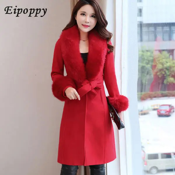 Woolen Coat Womens Mid-Length Korean Style Winter Slim Fit Tied Big Fur Collar Woolen Coat 250811