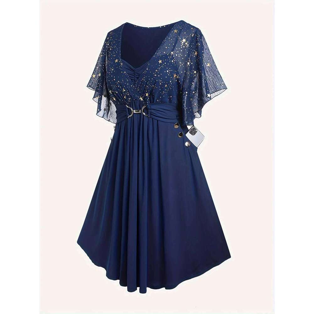 Fashion Women's Plus Size Explosions Star Print Button Pocket Pleats Butterfly Sleeve Elegant Temperament Dress