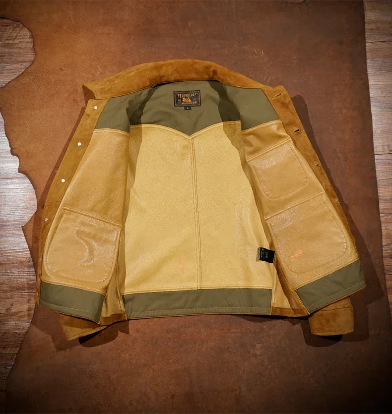 Italian Suede Leather Jacket Short Slim Fit Farmer R * L Three Pocket American Retro Amikaki for Men 250808