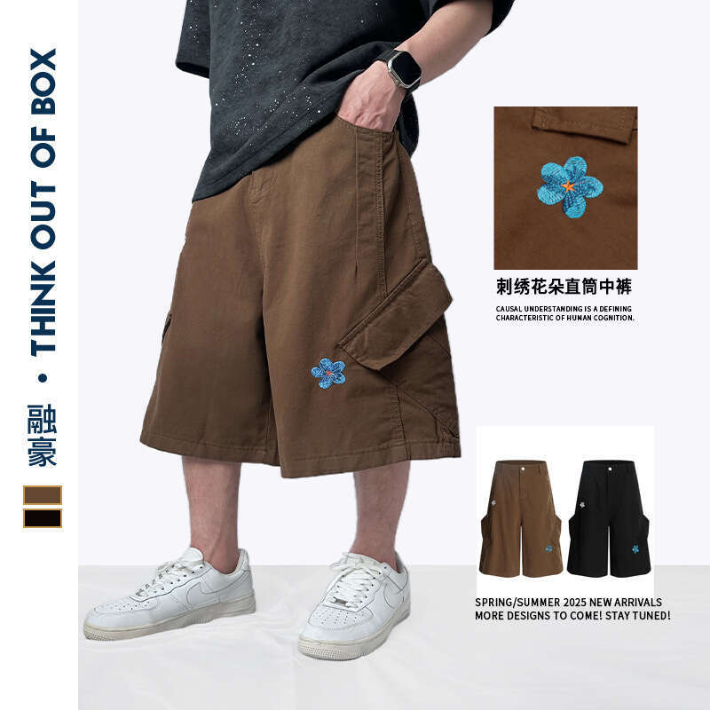 American Floral Embroidery Seven-Point Casual Cargo Wide-Leg Loose Versatile Large Pocket Couple Style Shorts B5