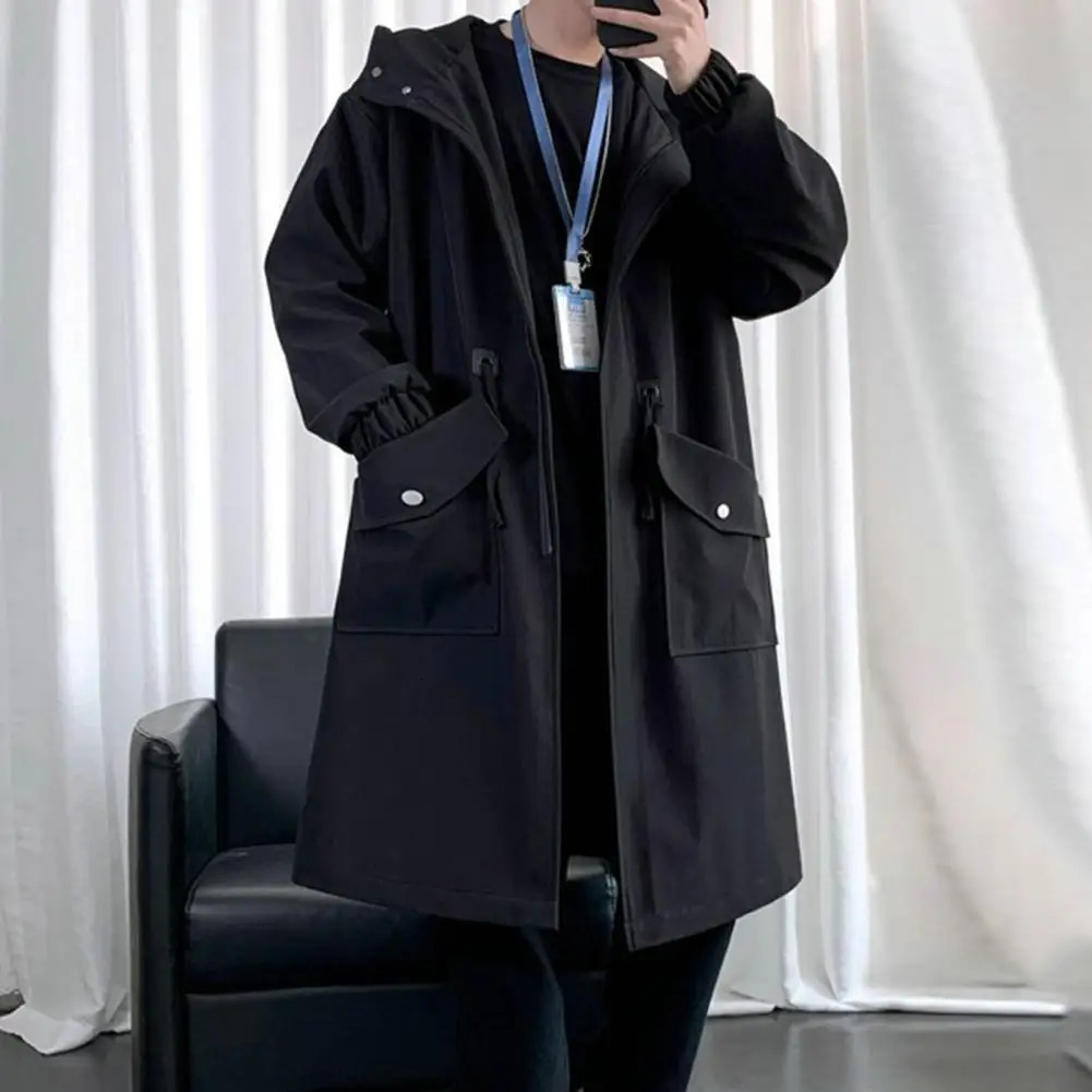 Long Trench Coat Jacket Men Autumn Spring Black Hip Hop Japanese Coats Streetwear Male Hooded Green Khaki Casual Jackets 250814