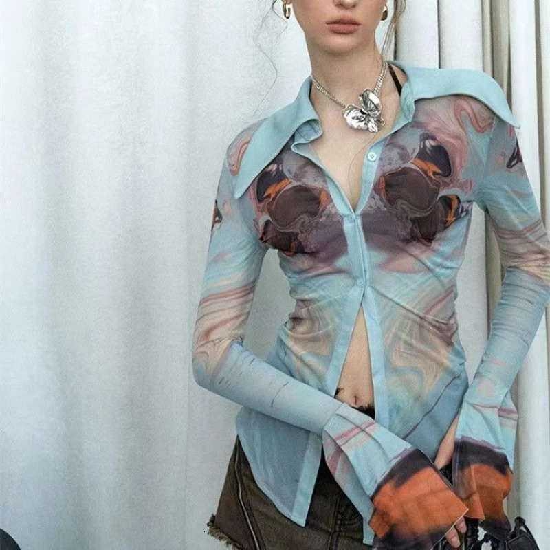 Japanese Summer Womens Lolita Patchwork Polo Shirts Button Printing Gauze Fashion Slim Elegant Long Sleeved Tops 250814