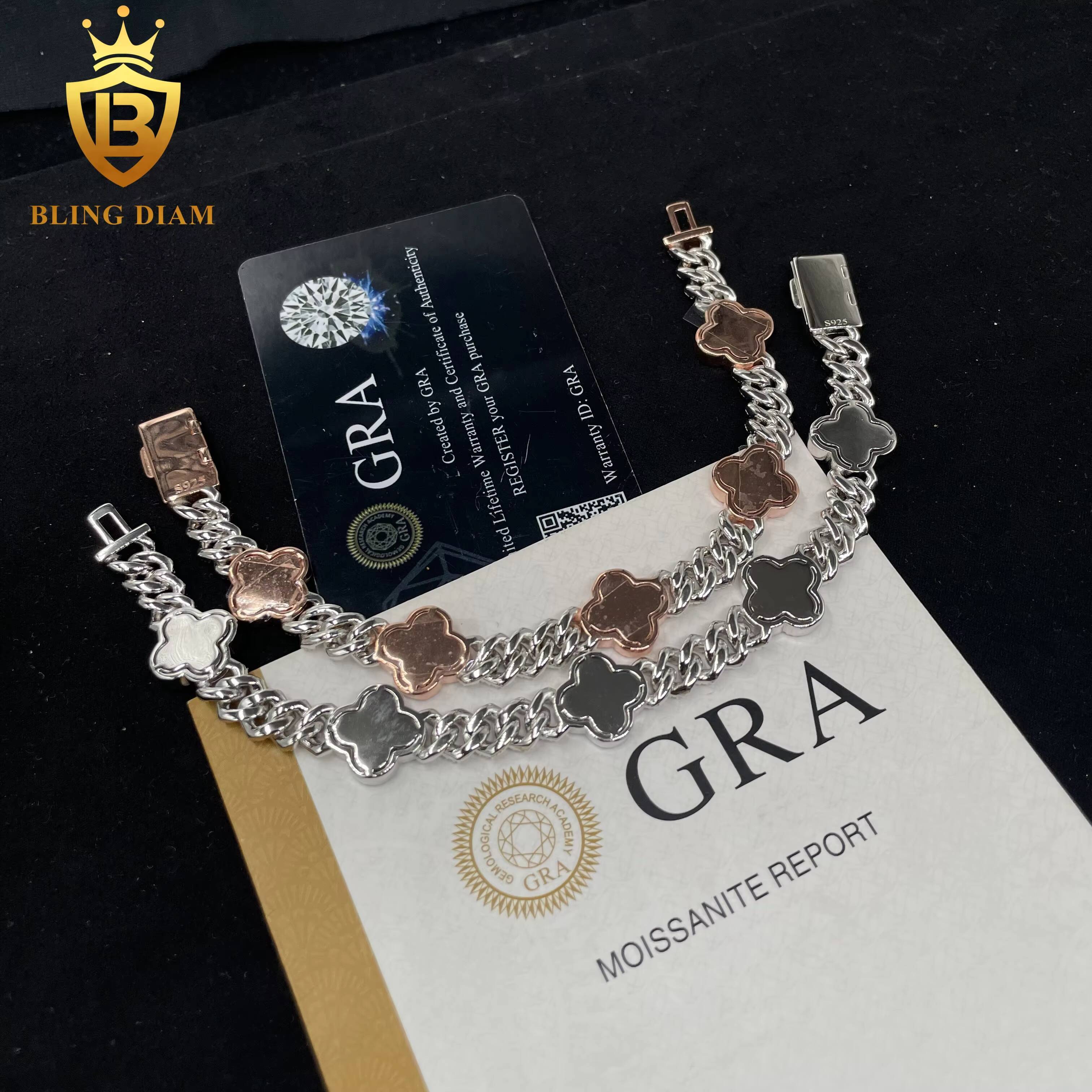 Hot Sale Hip Hop Moissanite 8mm Clover Cuban Bracelet Clover Shape Moissanite Cuban Bracelet Men Women