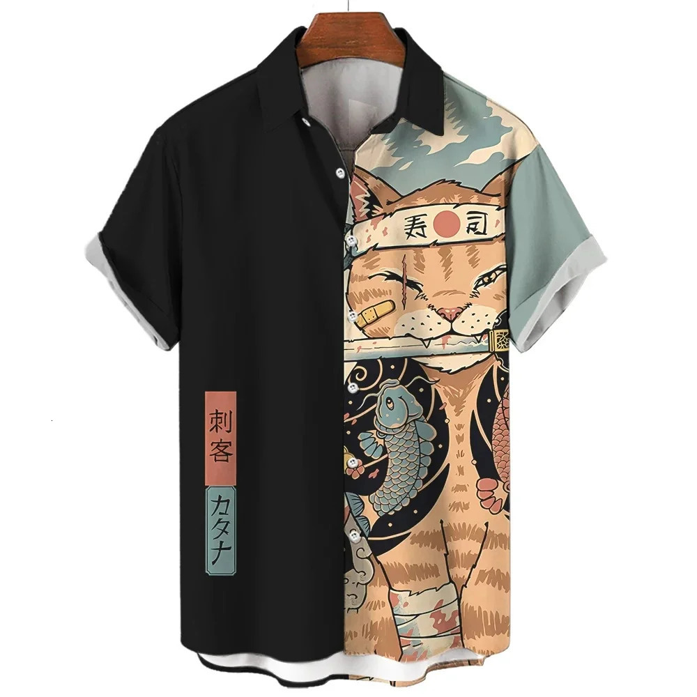 Fashion Mens Clothing Cool Samurai Cat Tops Summer Casual ShortSleeved Anime Loose Blouse Hawaiian Shirts 250804