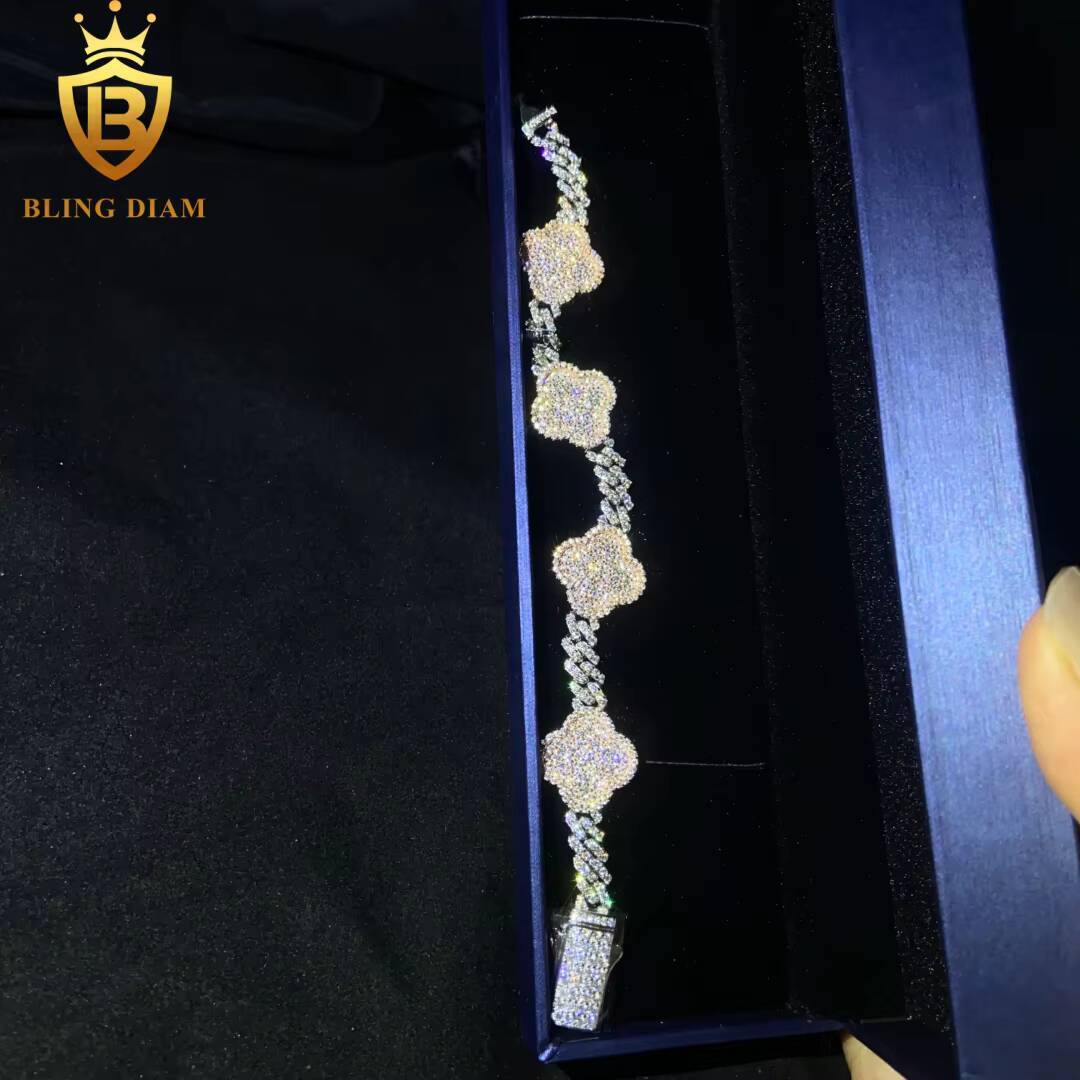 Four Leaf Clover 6mm 925 Sterling Silver Chain Moissanite Cuban Bracelet Men Women Hip Hop Style Pass Diamond Tester with GRA