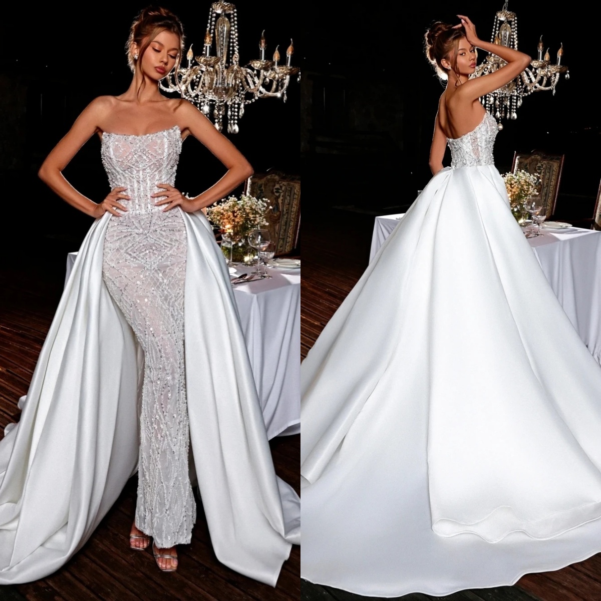 Gorgeous Sequins Wedding Dresses Strapless Bridal Gowns with Detachable Train Beading Backless Mermaid Customized Vestidos De Novia Plus Size