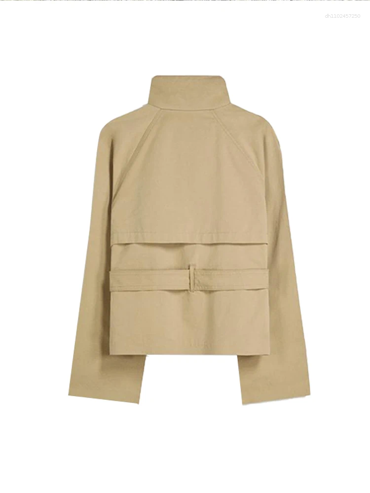 Women's Jackets Chic Stand Collar Double-breasted Belted Waist Cropped Trench Coat Shoulder Epaulets 2025 Autumn Casual Street Outerwear