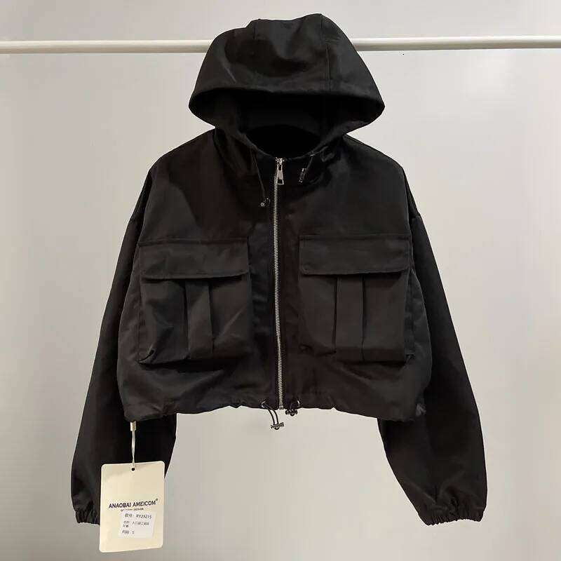 Autumn Pink Drawstring Hooded Cargo Jackets Zipper Coat with Pockets Women Top Windbreaker