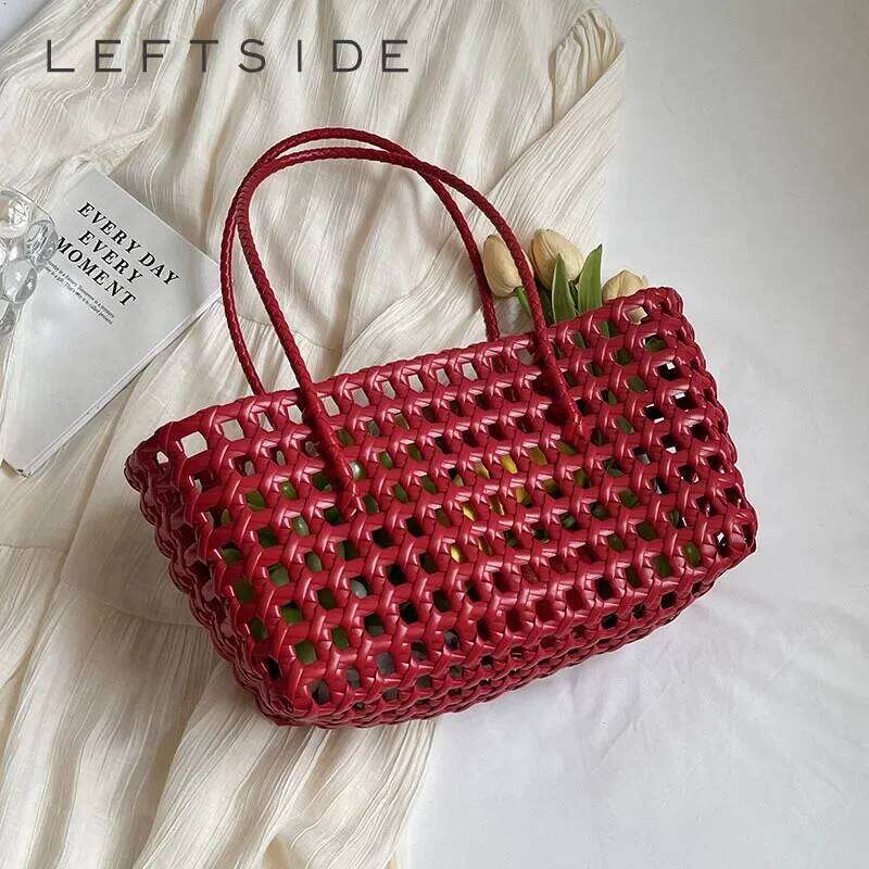 LEFTSIDE Small Solid Color Weave Tote for Women Fashion Summer Shoulder Bags Simple Handbags Hollow Out Beach Bag