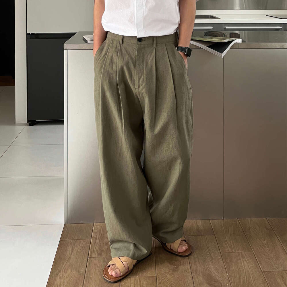Army Green Linen Casual Long Pants For Men Summer New High-End Versatile Loose Straight Wide-Leg Trousers B5