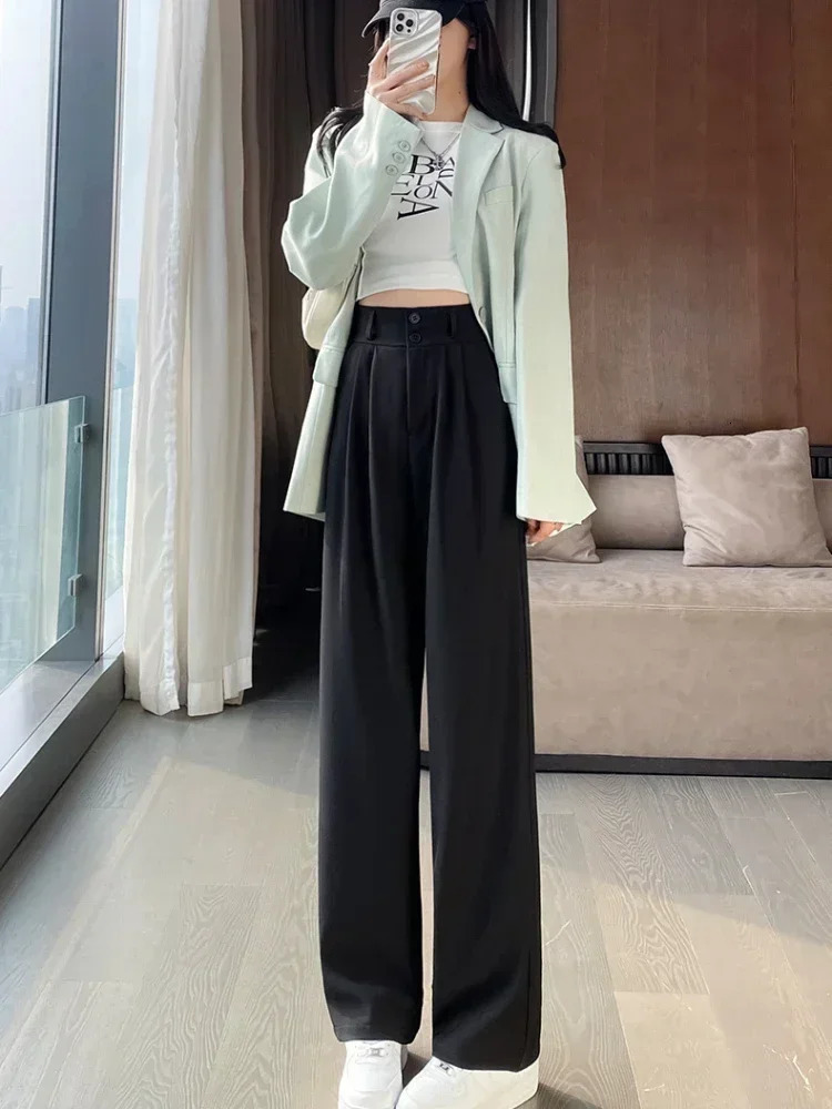 High Waist Suit Pant Straight Black Korean Office Ladies Trousers Fashion Button Loose Spring Female Streetwear 2024 250808