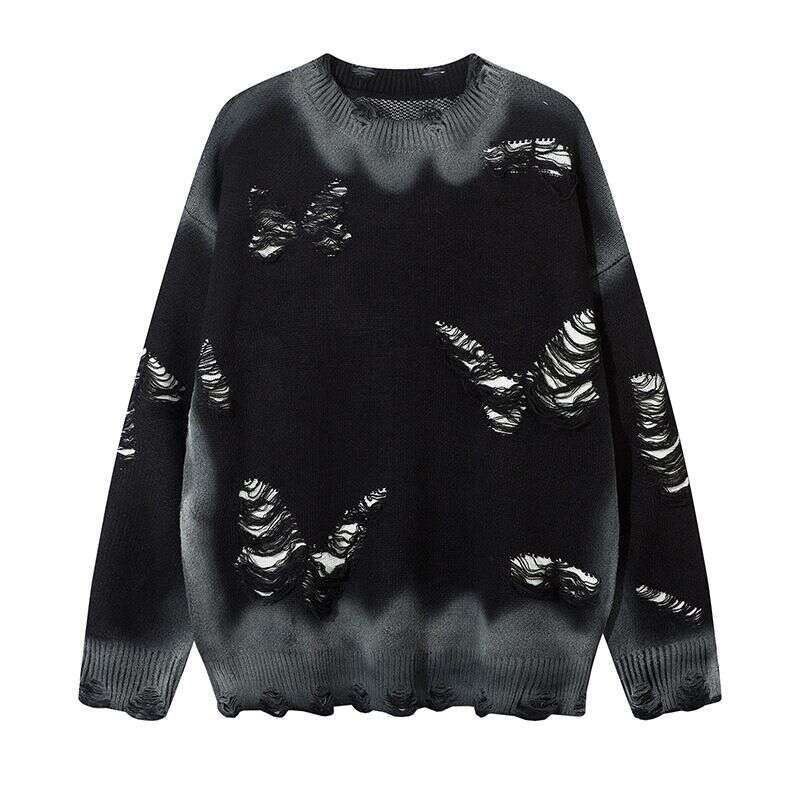 Men's Clothing Trendy Tie Dye Wasteland Style Butterfly Shape Hole Round Neck Men And Women Loose Casual Couple Sweater