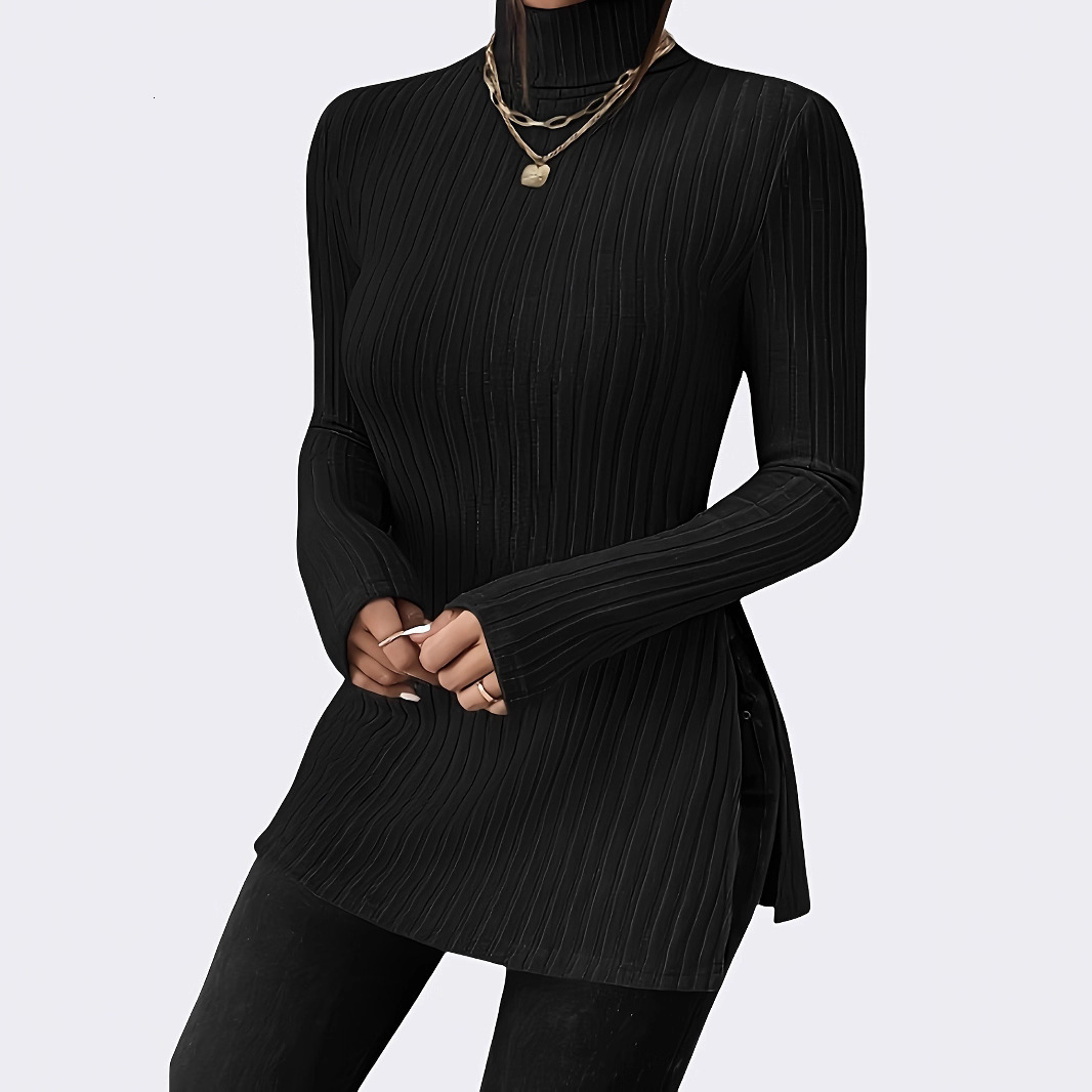 New Women's High Neck Pullover Sweater with Slit Slim Fit Base Shirt Ribbed Mid-Length Top T-Shirt for Women