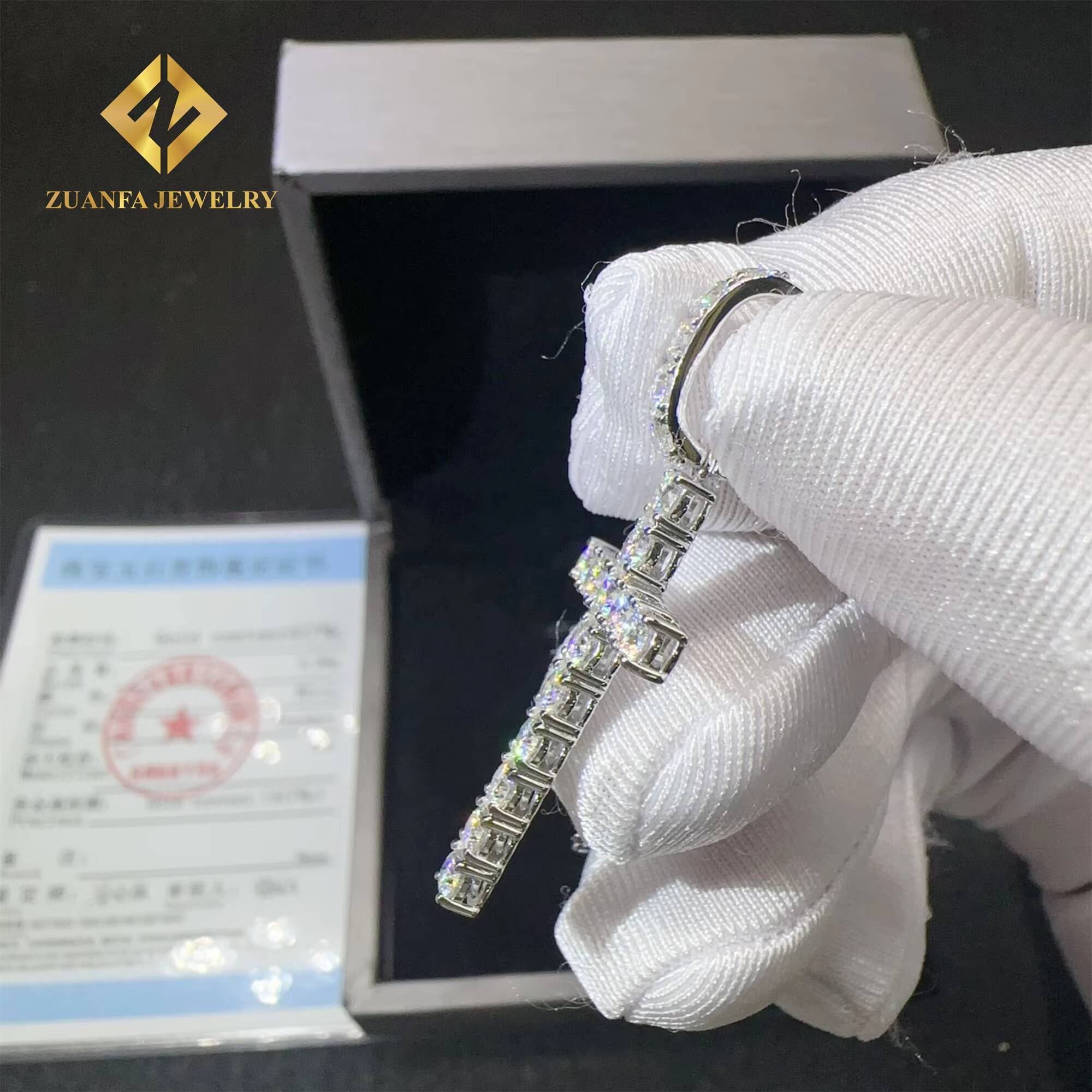 Popular Pass Tester Hip Hop Luxury Iced Out Fire Jewelry 10k Real Gold VVS1Moissanite Diamond Cross Pendant Necklace Set