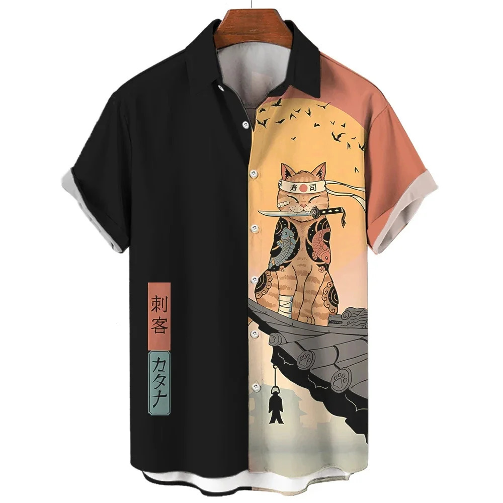 Fashion Mens Clothing Cool Samurai Cat Tops Summer Casual ShortSleeved Anime Loose Blouse Hawaiian Shirts 250804