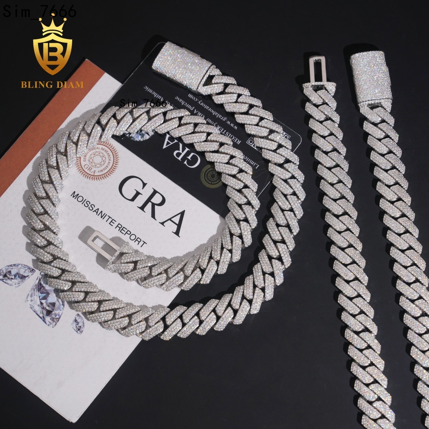 Factory Wholesale Price Pass Diamond Tester Hip Hop Necklace 15mm Four and Three Rows 925 Silver VVS Moissanite Cuban Link Chain