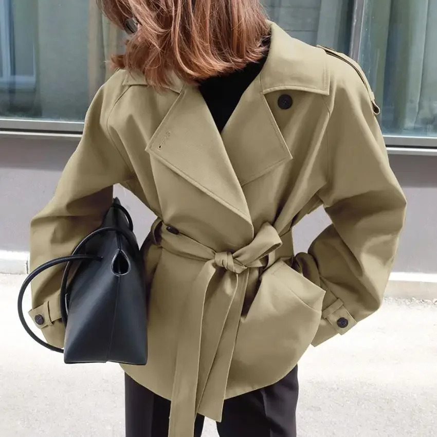 Solid Lace Up Lapel Jacket For Women Fashion High Waist Long Sleeve Belt Cropped Trench Coat Lady Casual Fall Daily Wear 250805