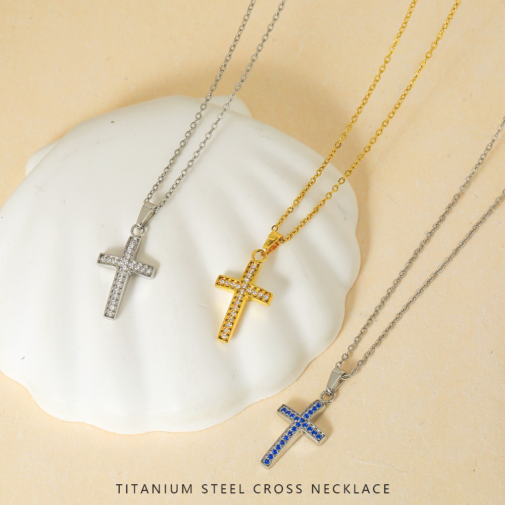American Style Stainless Steel Zircon Cross Necklace Accessories for Women Non-Fading Light Niche Pendant Jewelry for Women