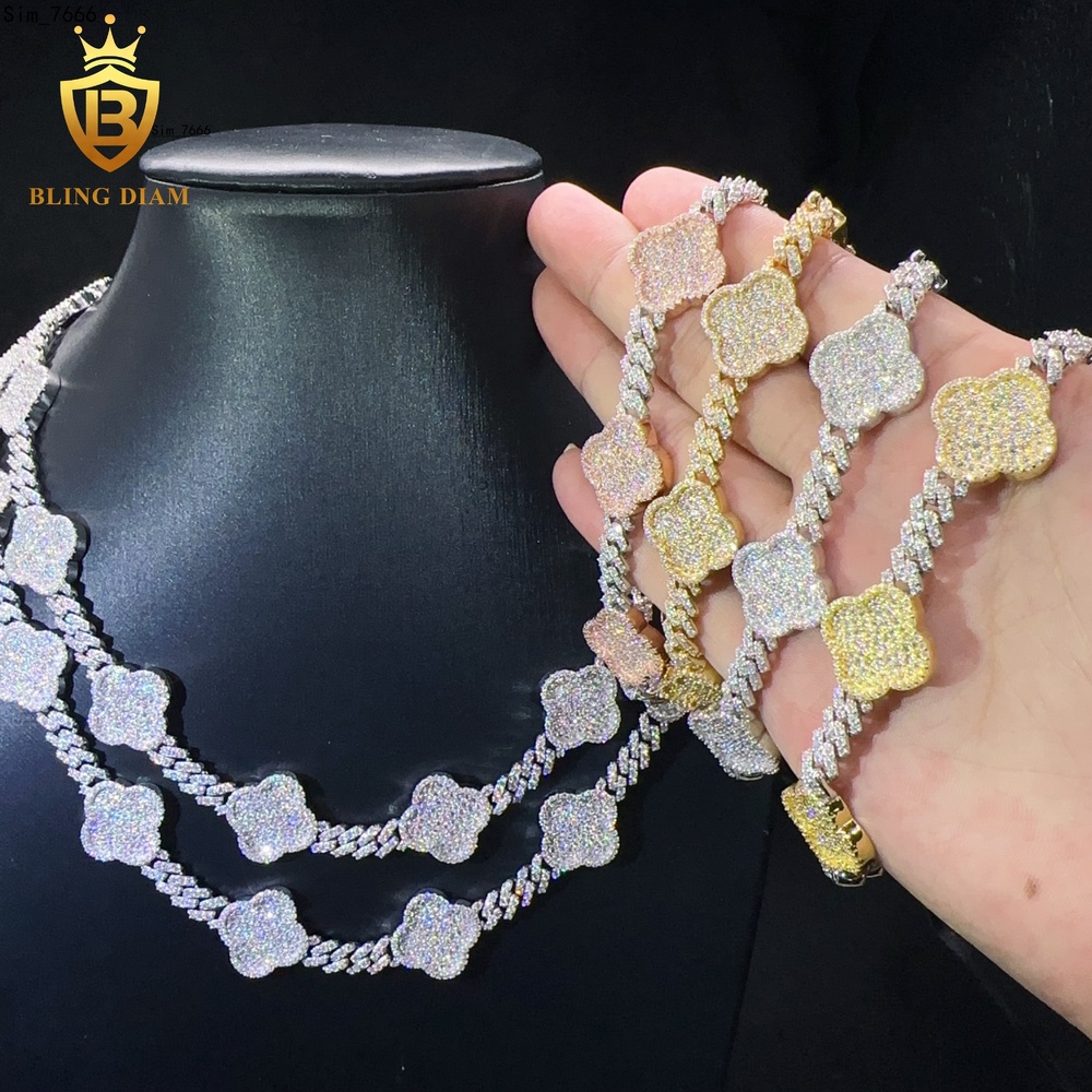 Sterling Silver Hip Hop Jewelry Cuban Necklace d Color Vvs Moissanite Iced Out Diamond Clover Leaf Cuban Link Bracelet Chain