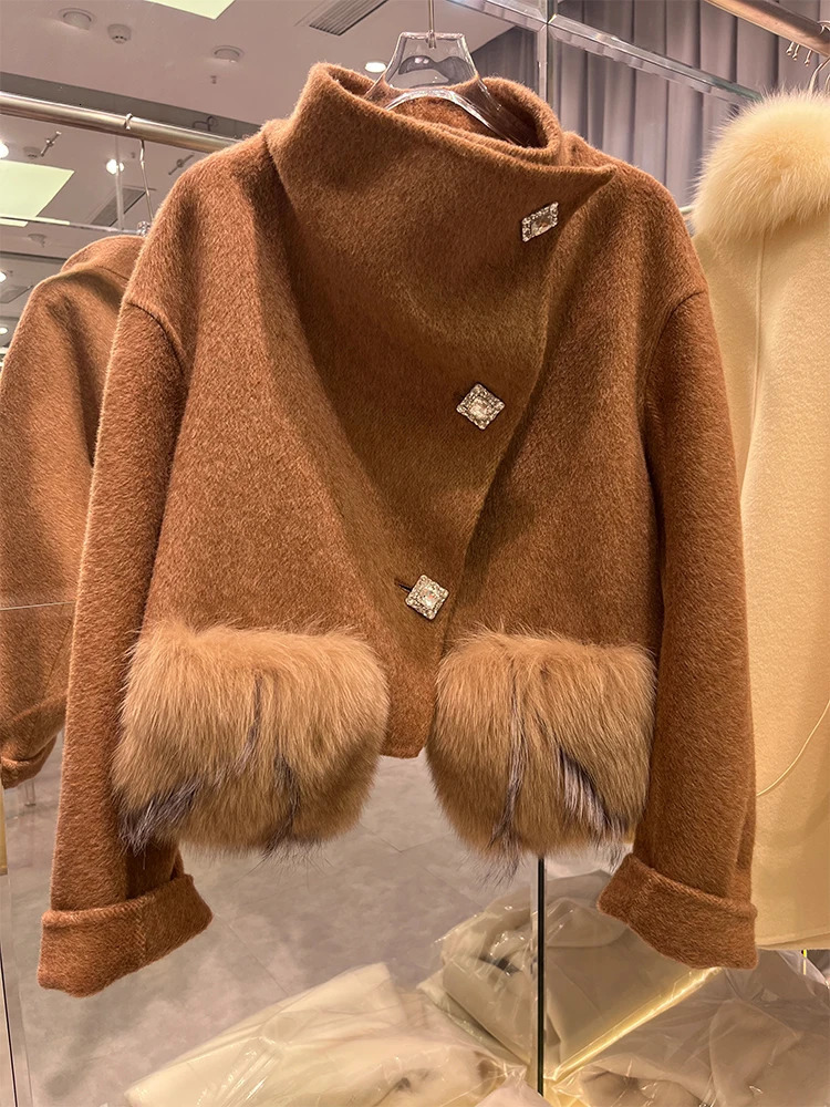 Winter Cashmere Wool Woolen Jacket Fur Coat Women Natural Fox Fur Pocket Ladies Outerwear Female Coat 250811