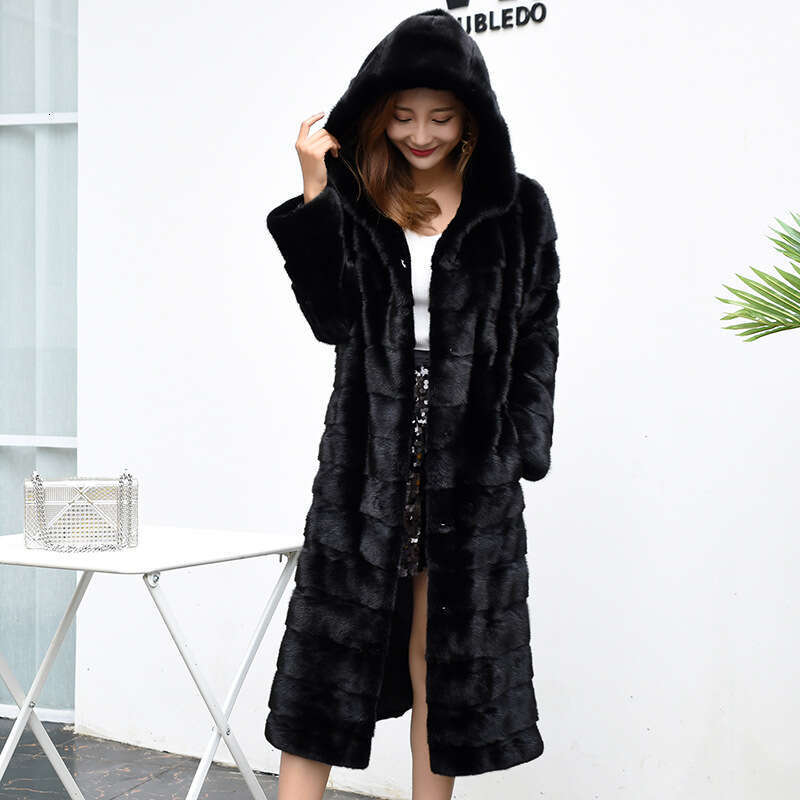 New mink fur coat with faux fur and grass, slim fit and slimming fur, whole mink fur coat for women, long length with hat for warmth