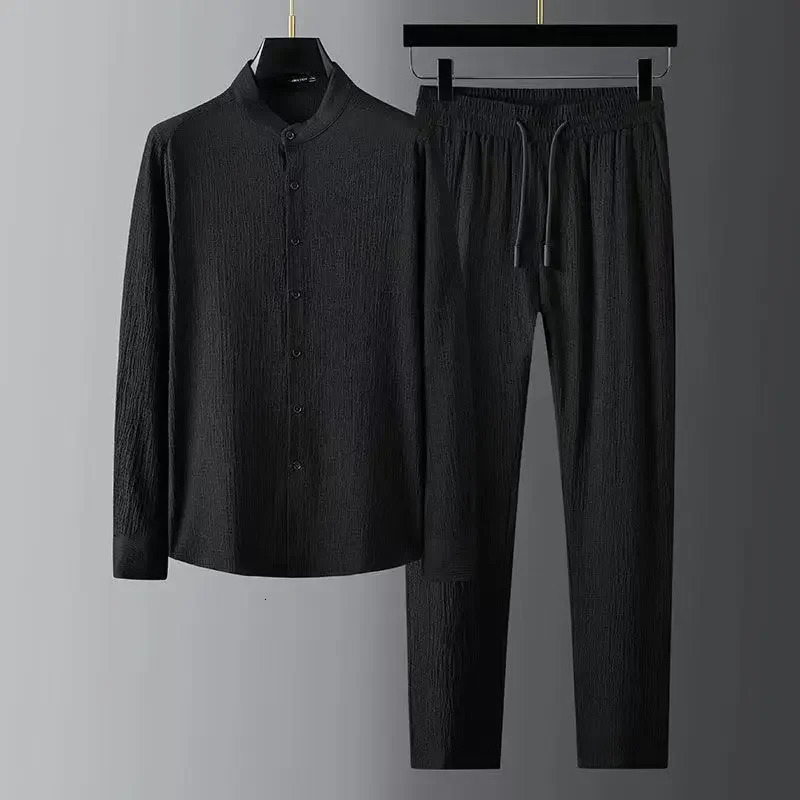 Spring Summer Fashion Suit Men Long Sleeve Casual Shirts And Pant Seersucker Striped Pleats Slim Handsome Twopiece Set 250814