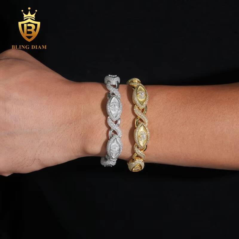 Pass Diamond Tester 12mm Rapper Jewelry Iced Out Hip Hop S925 Moissanite Evil Eyes Diamond Jewelry Cuban Link Bracelet Man