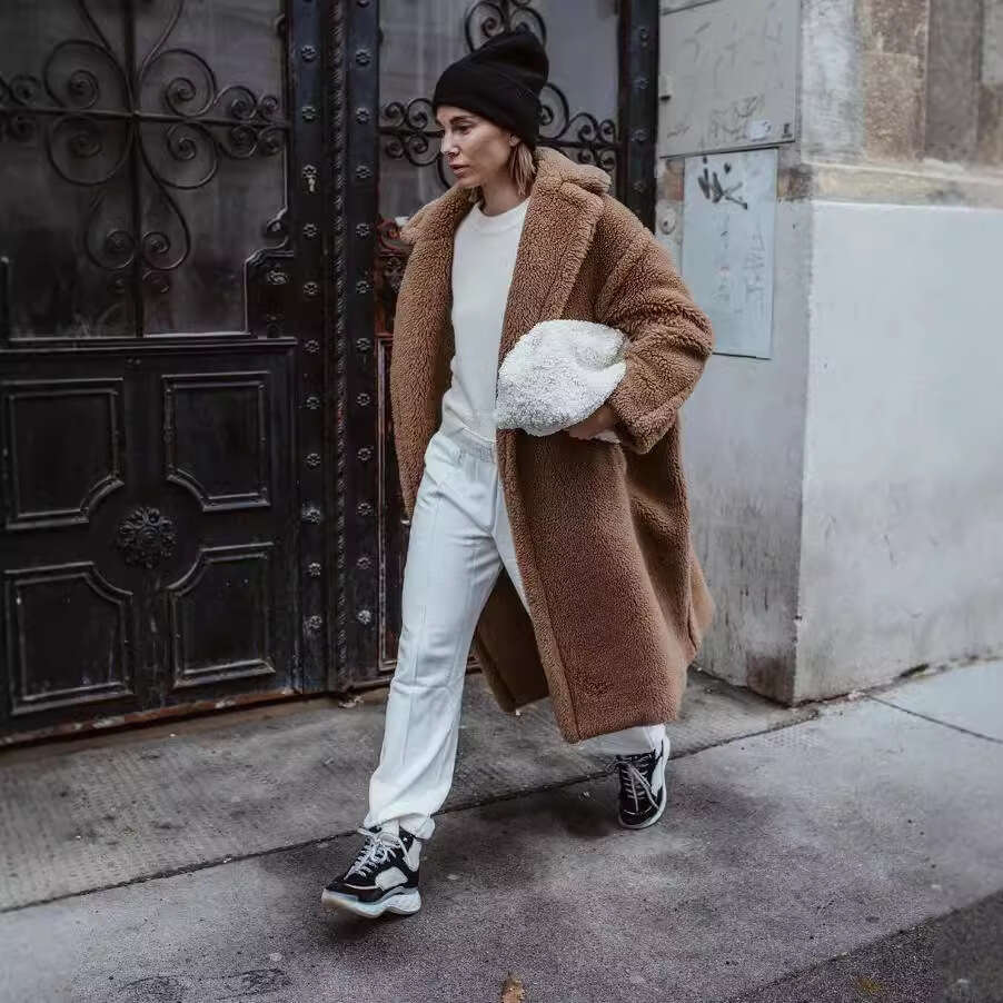 Winter Jacket Women Long Coat Wool Woven Fabric Thick Warm Outerwear Oversize Fashion Streetwear Teddy Bear Coats