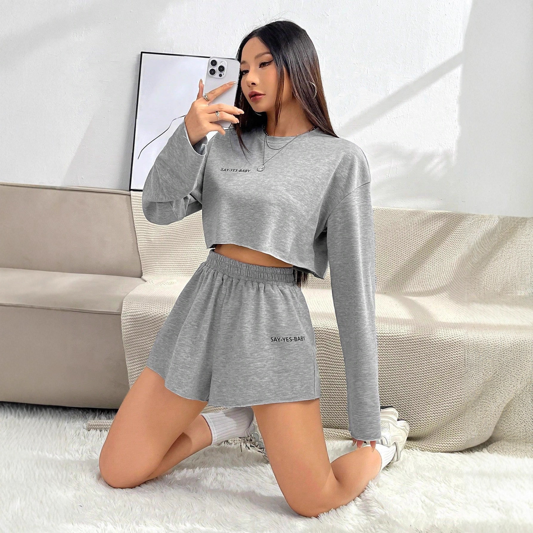 Spring Summer Fashion Shorts Long Sleeve T-Shirt Short Set Women