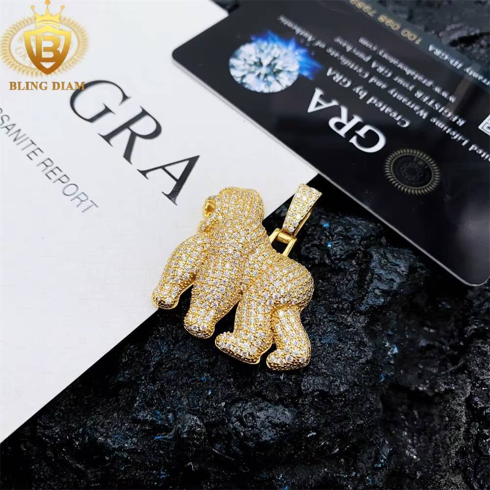 Gra Certificate Iced Out Hip Hop Jewelry 925 Sterling Silver Vvs Moissanite Pass Diamond Test 3D Gorilla Cartoon Pendant