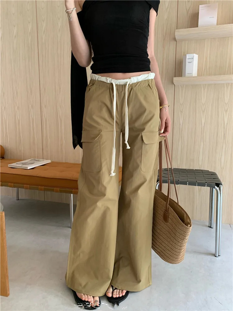 American Retro Casual Low Rise Drawstring Cargo Pants Y2K Streetwear Solid Pocket Straight Trousers Female 250808