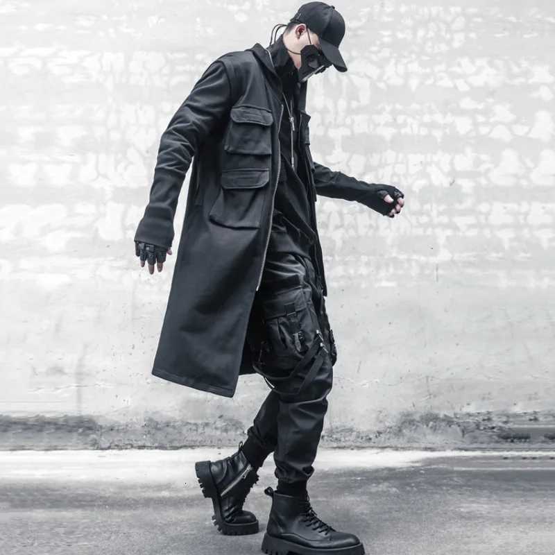 techwear style multi-pocket patchwork design mid-length trench coat mens clothing y2k high street tactical function jackets W250815