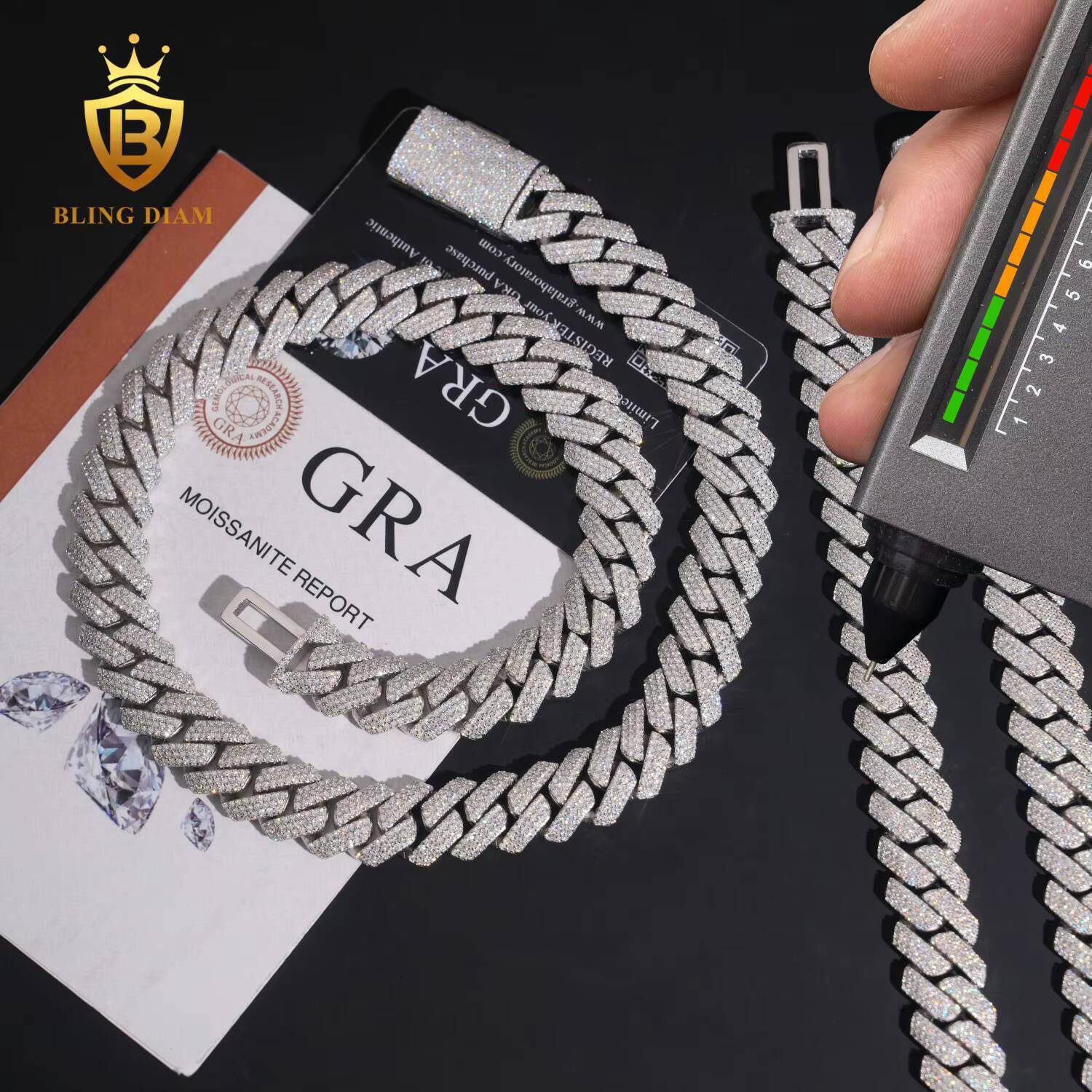 Factory Wholesale Price Pass Diamond Tester Hip Hop Necklace 15mm Four and Three Rows 925 Silver VVS Moissanite Cuban Link Chain