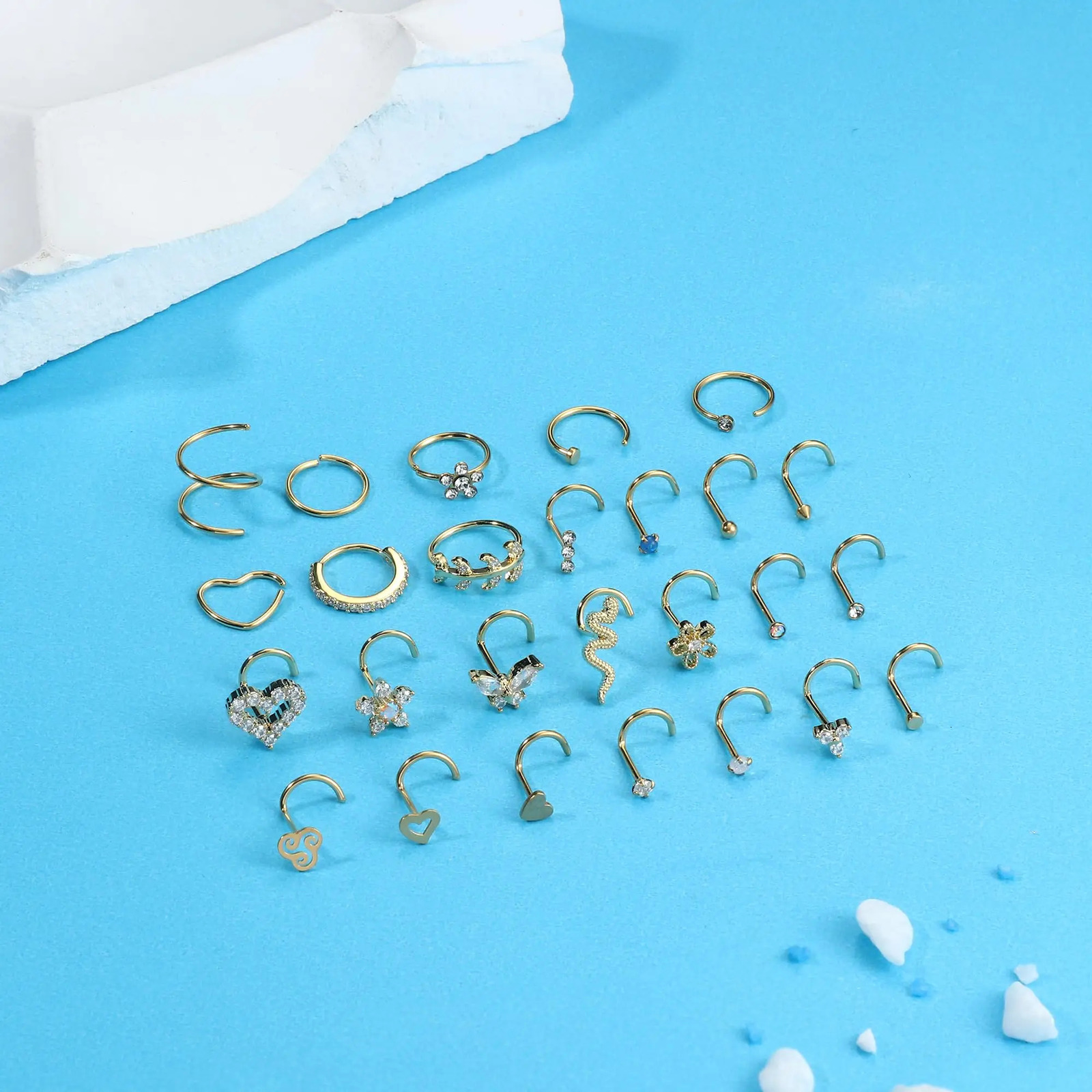 26 Pcs 20G Nose Ring Nose Stud Steel Nose Piercings Set CZ Shiny Septum Piercing Jewellery for Women Men 250807