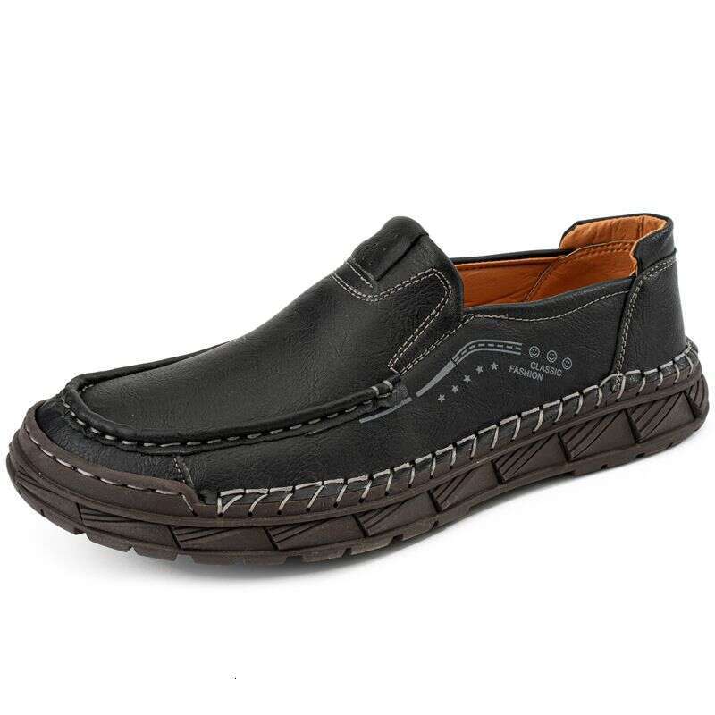 Large Size Men's Casual Leather Cowhide Bean Shoes, Hand Sewn Loafers, And Shoe Covers