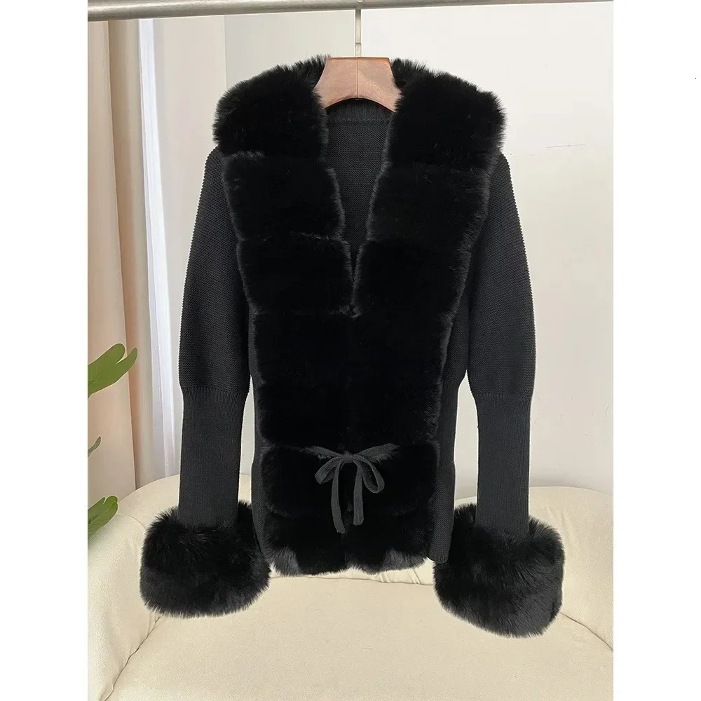 Autumn/Winter Womens Fur Coat Patchwork Knitted Sweater Bandage Fur Cardigan Detachable Collar Jacket Faux Fur Coat 250811