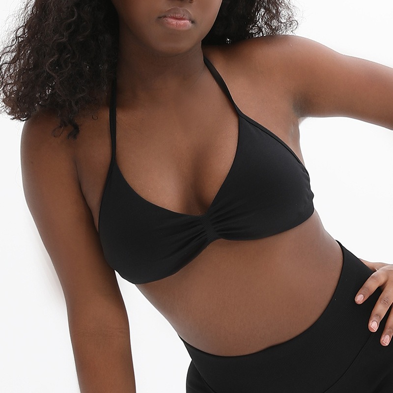 High Stretch Matte Nylon Yoga Halter Sports Bra Ruched Beautiful Back Workout Bra Women