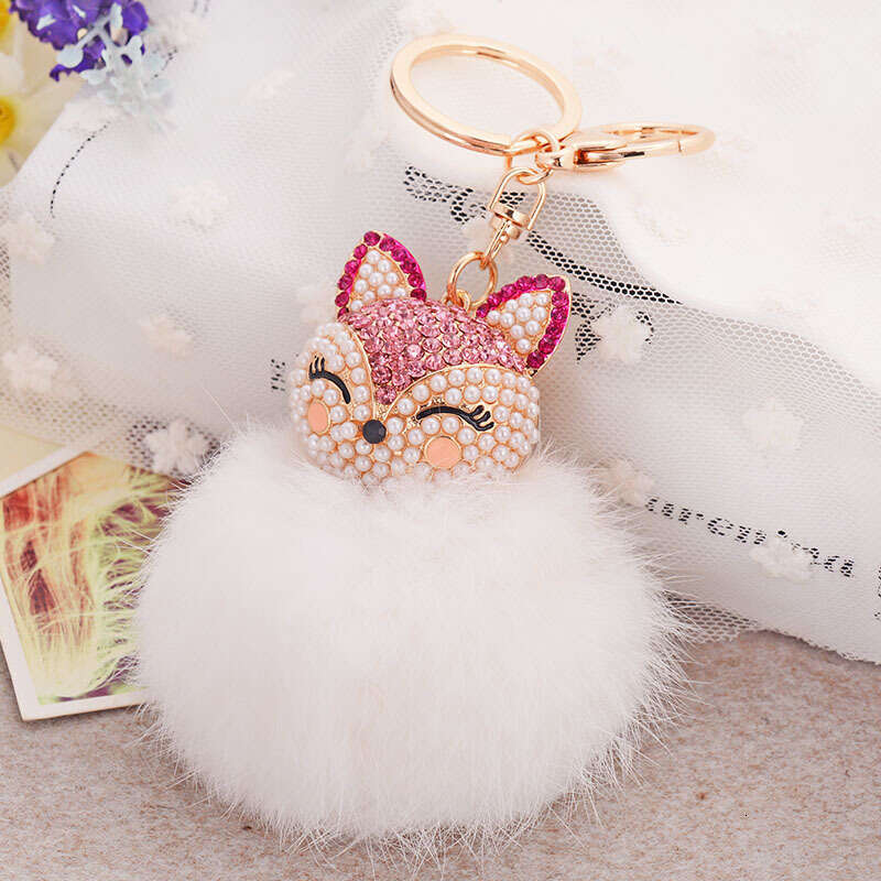 Korean Version Dia-Studded Fox Head Rabbit Fur Ball Alloy Keychain Fashion Bag Pendant Car Accessory Ornament