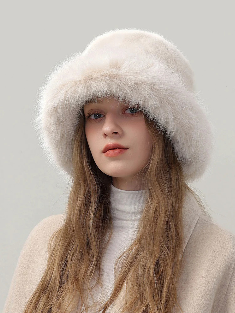 Winter Faux Fur Hat Fluffy Bucket Hat for Women Plush Hat Thicken Snow Windproof Rabbit Fur Russian Hat Bonnet 250808