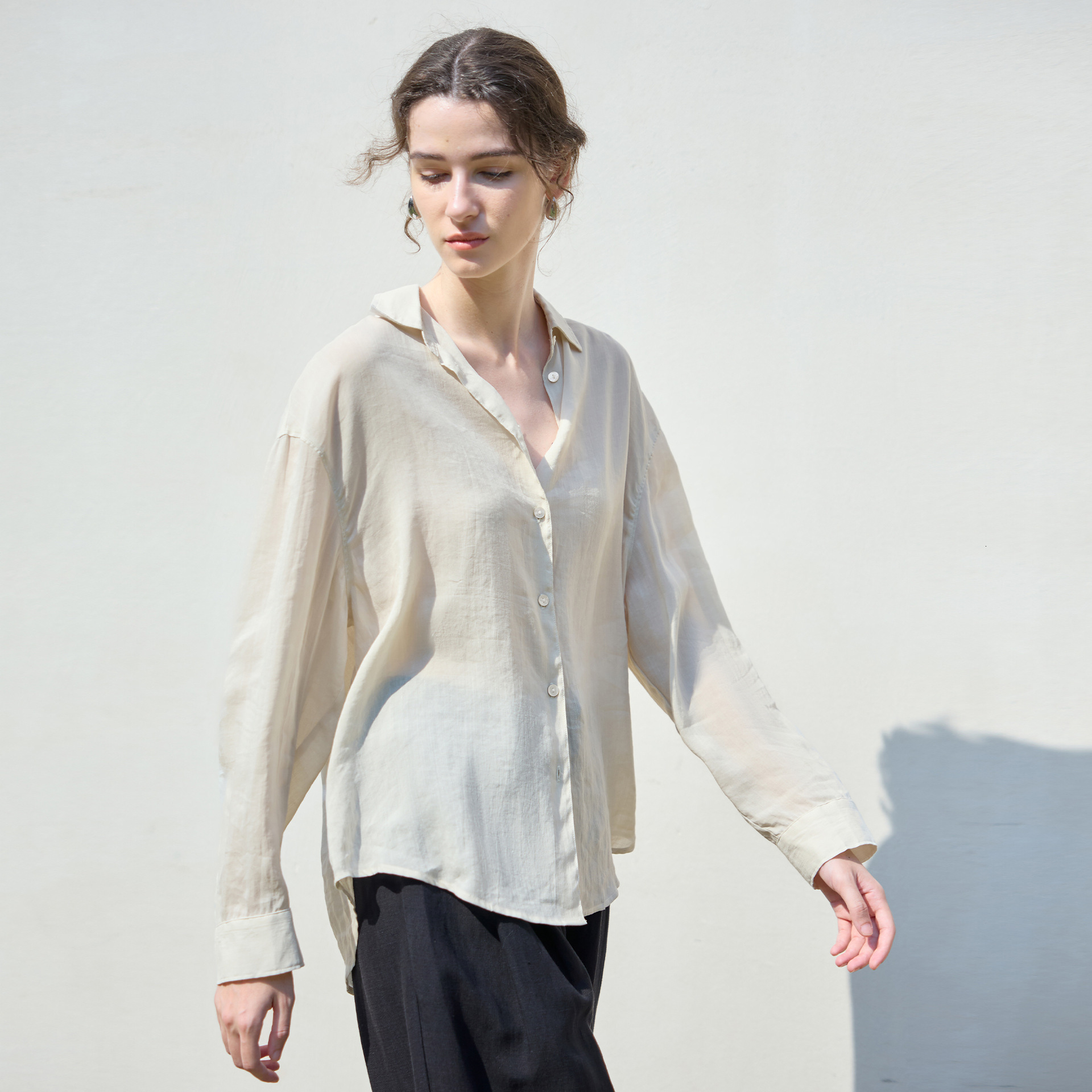 Old Style Loose Solid Color Women's Simple Single-Breasted Long Sleeve Shirt Relaxed Tencel Linen Top