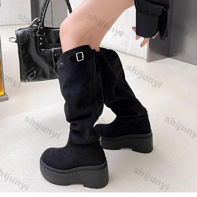 Womens Fashion Thick Heels Knee High Boots Khaki Flock Slip on Western Boots Woman Spring Autumn Soft Leather Short Botas Mujer 250809