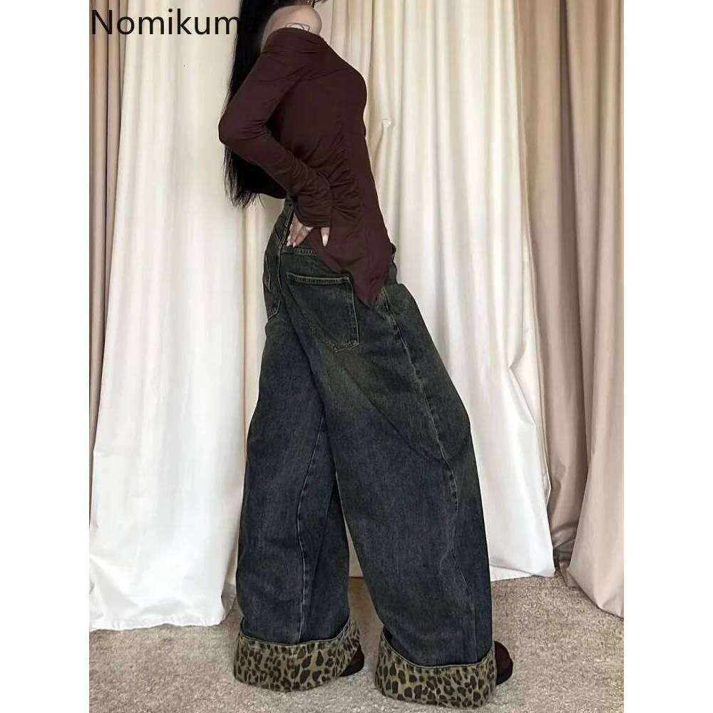 Retro Leopard Print Y2k Jeans for Women Haruku Wide Leg Pants 2025 New Bottoms Denim Casual Straight Fashion Trousers