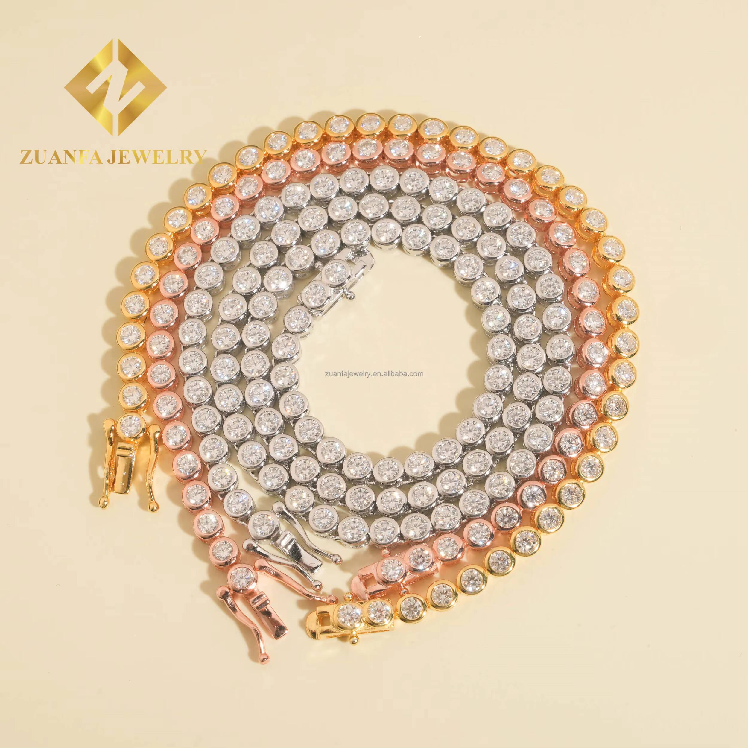 Popular Women 3mm 4mm Iced Out Hip Hop Jewelry S925 Silver Moissanite Diamond Bezel Setting Cluster Tennis Chain Bracelet