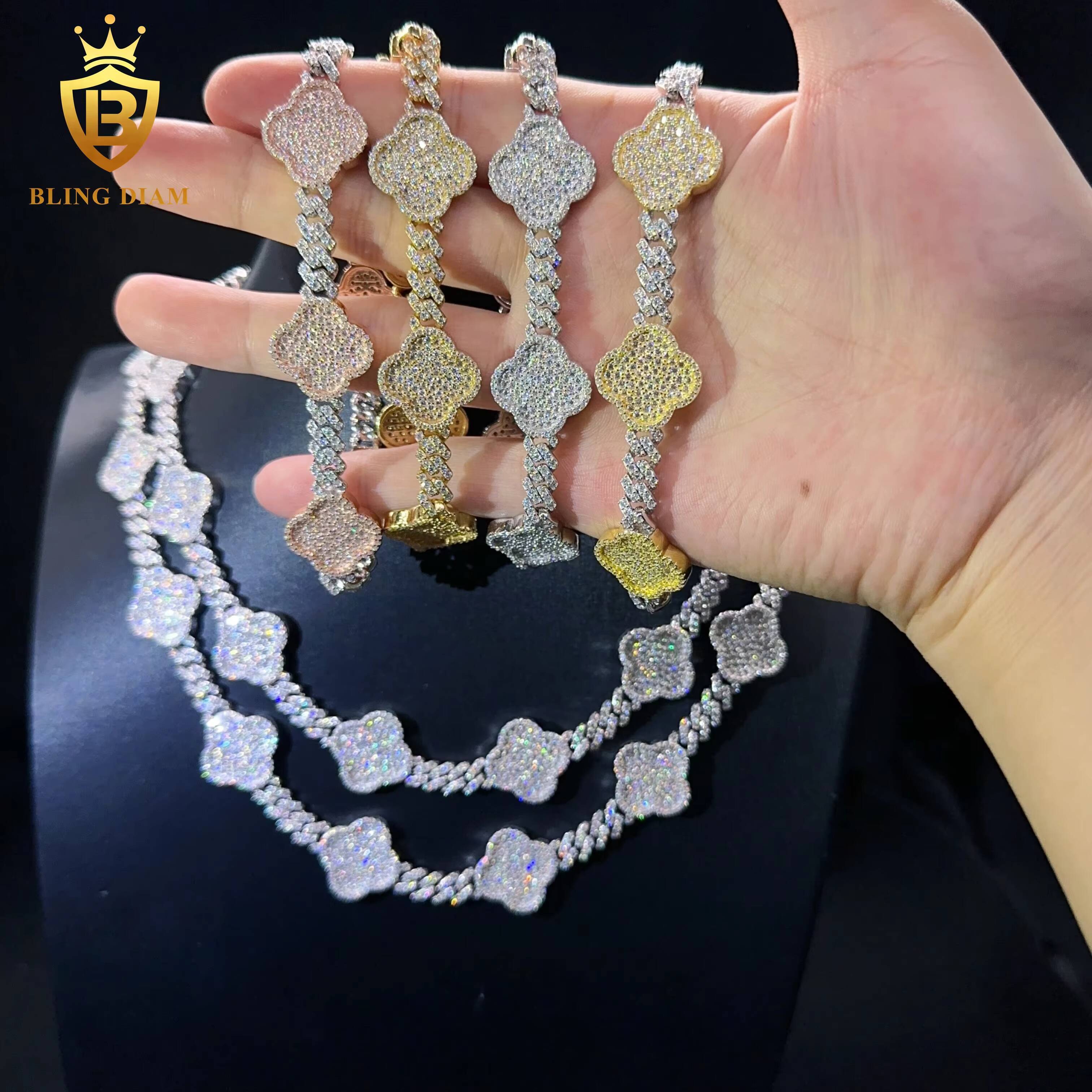 Sterling Silver Hip Hop Jewelry Cuban Necklace d Color Vvs Moissanite Iced Out Diamond Clover Leaf Cuban Link Bracelet Chain