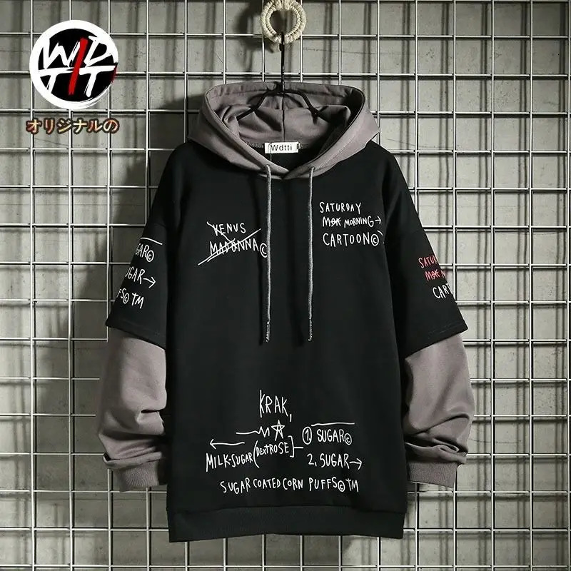 Spring Autumn Mens Sweater Retro Mock TwoPiece Hooded Korean Hip Hop Print Sweatshirt Loose Hoodie Male Fleece Padded Jacket 250814